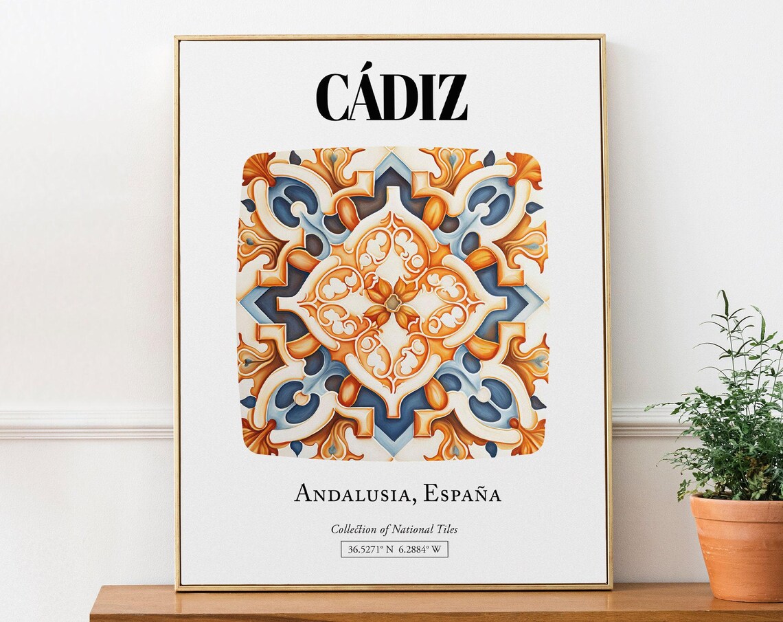 Cadiz Tile Design Travel Poster, Andalusia Spain