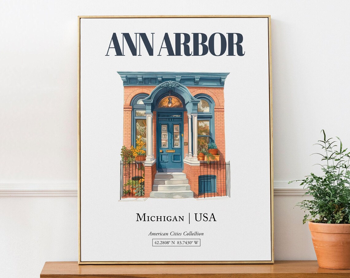 Ann Arbor Michigan Minimalist Watercolor Travel Poster