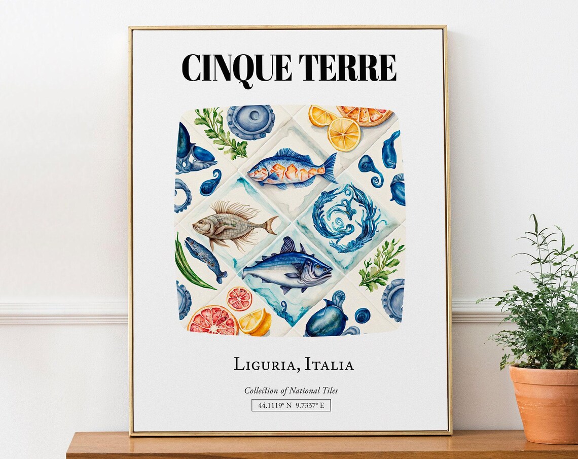 Cinque Terre Liguria Italy Tile Pattern Seafood Art Print