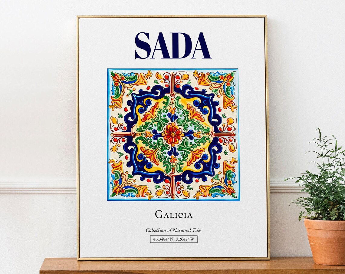 Sada Galicia Spain Traditional Folk Tile Art Travel Souvenir Poster