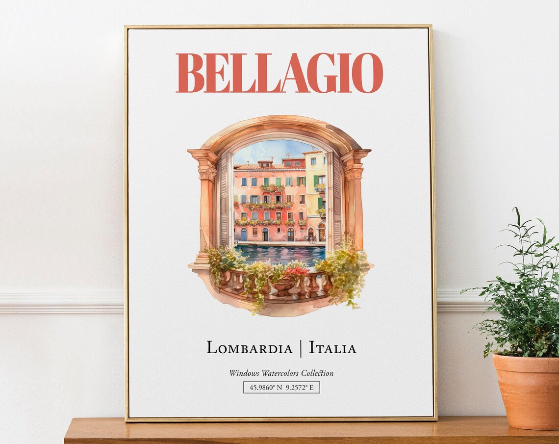 Bellagio Lombardia Italia Travel Poster, Watercolor Illustration