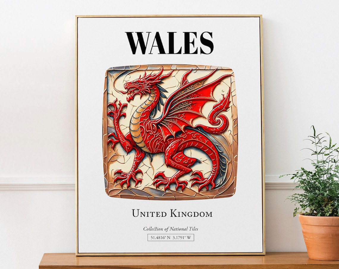Wales Dragon Traditional Tile Pattern Art Print