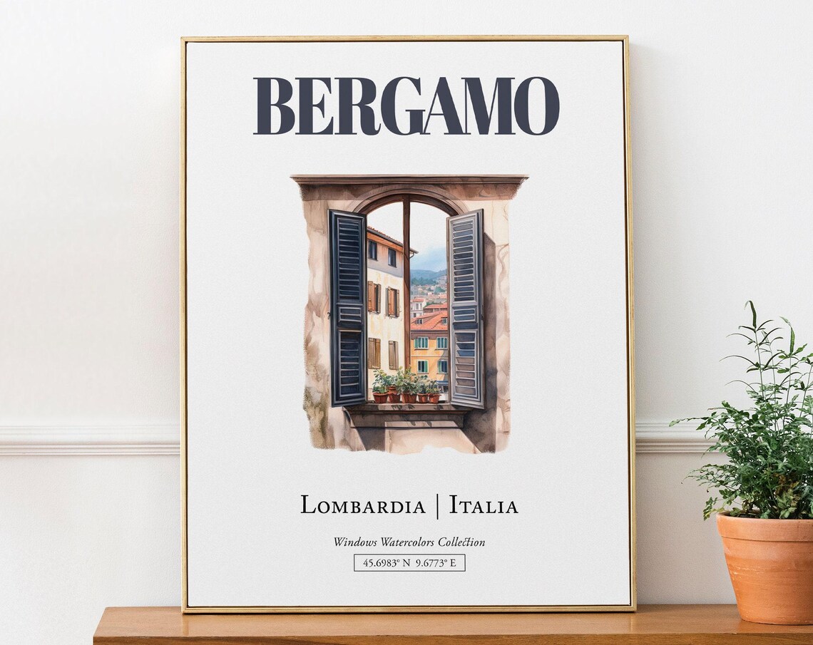 Bergamo Lombardia Italia Travel Poster, Watercolor