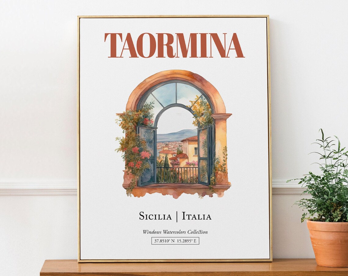 Taormina Sicilia Italia Travel Poster, Watercolor Illustration