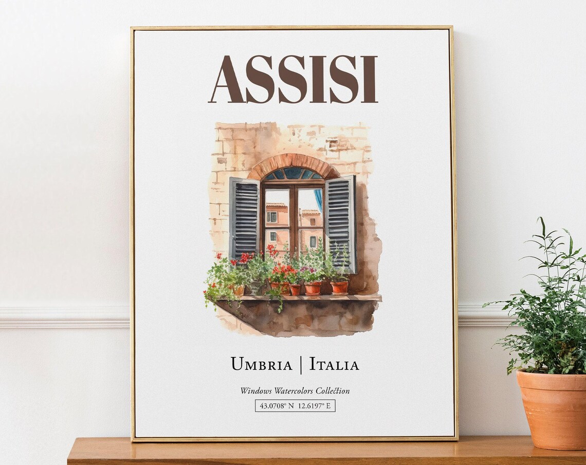 Assisi Umbria Italia Travel Poster, Watercolor Illustration