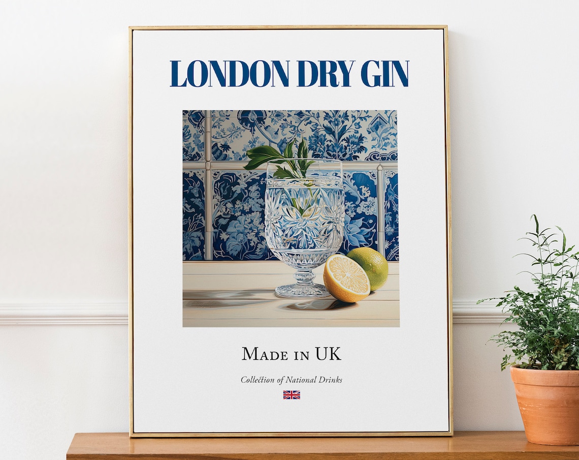 London Dry Gin on Maiolica Tile, Kitchen Bar Poster