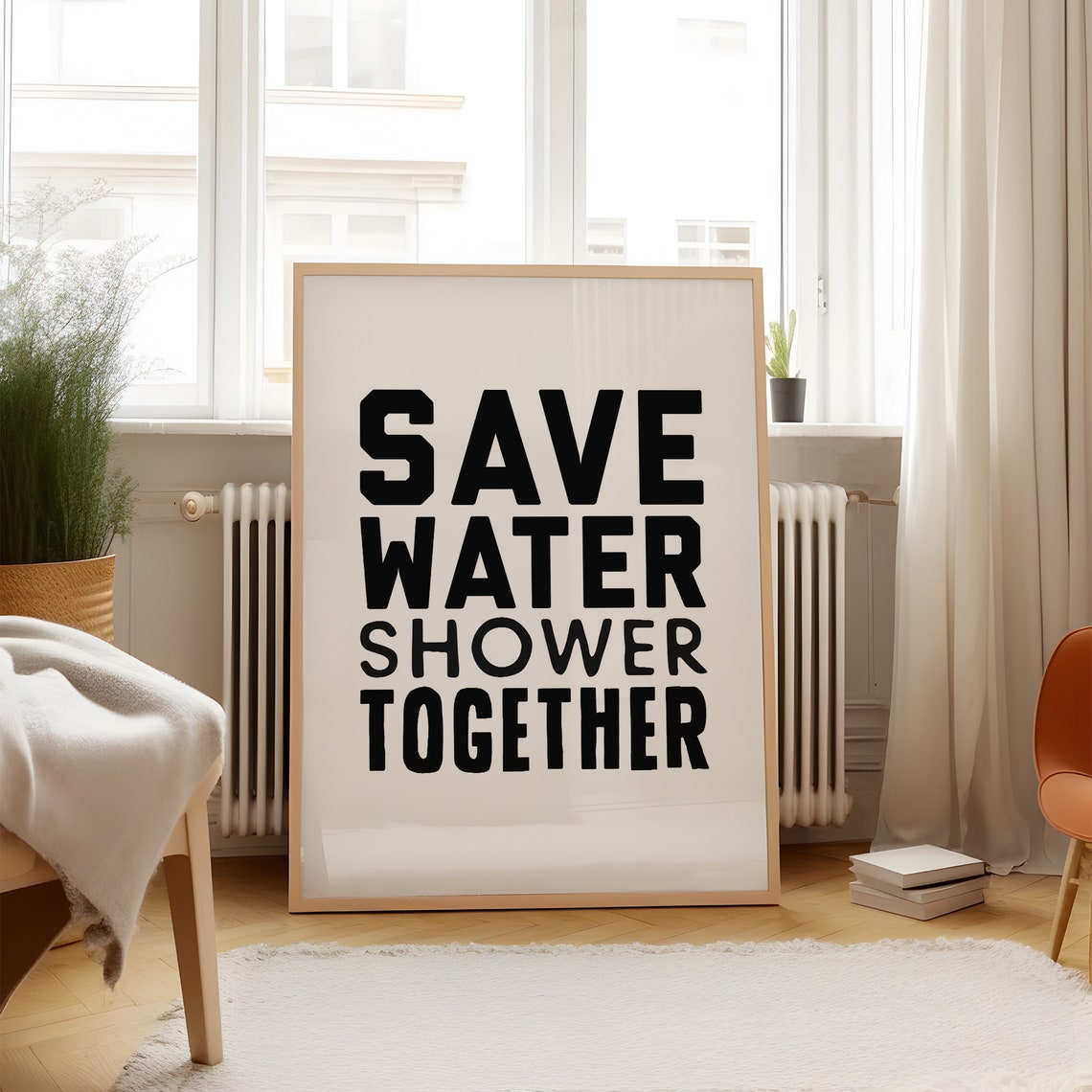 Save Water Shower Together Bold Black Funny Couples Bathroom Poster - Image 2