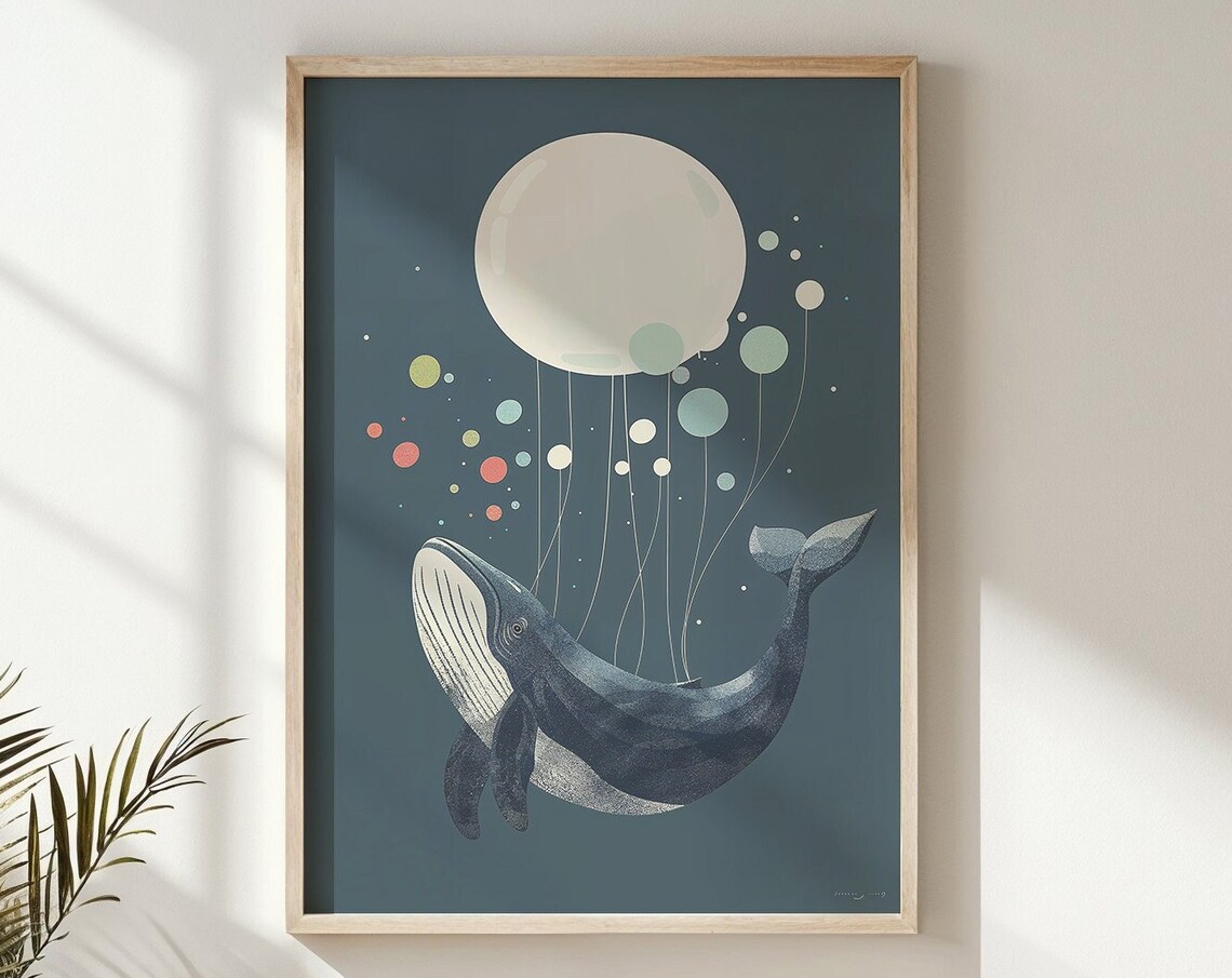 Humpback Whale Carried By Balloons Deep Teal Ocean Nursery Poster