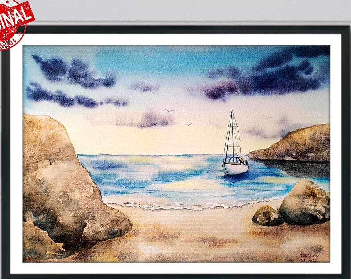 Sailboat Anchored in Rocky Cove Watercolor Tranquil Seaside Poster - Image 5