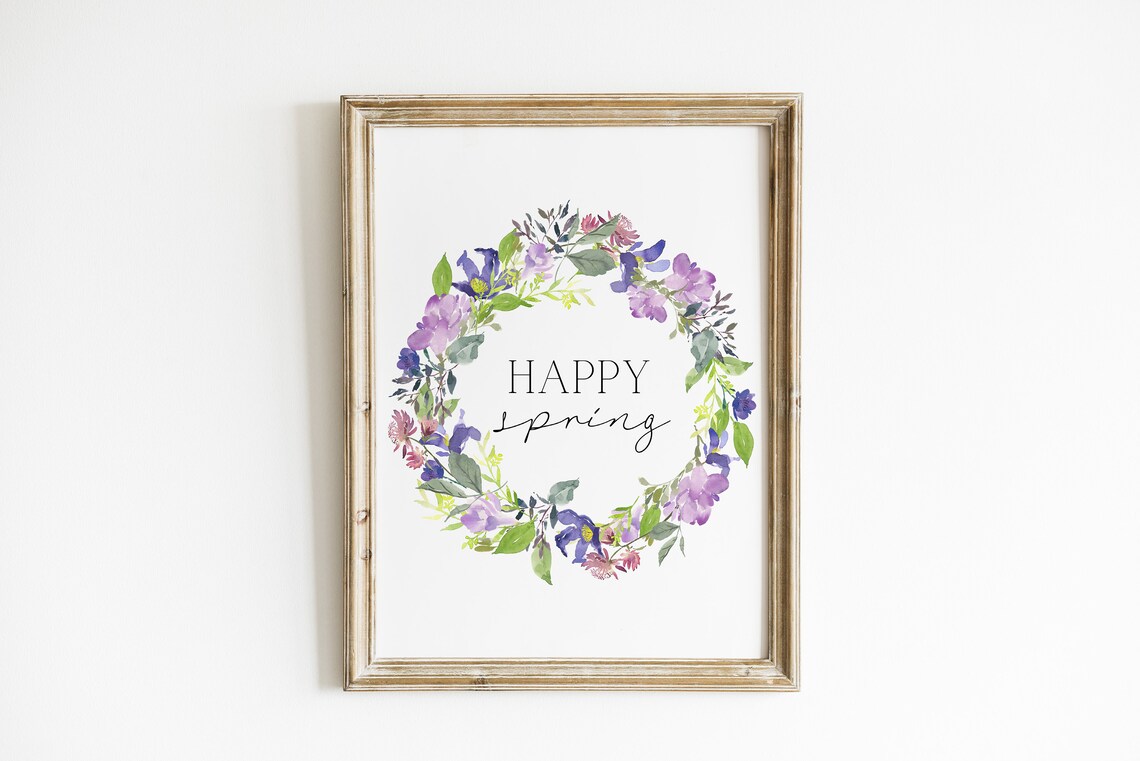 Happy Spring Purple Wildflower Wreath Watercolor Botanical Poster - Image 3