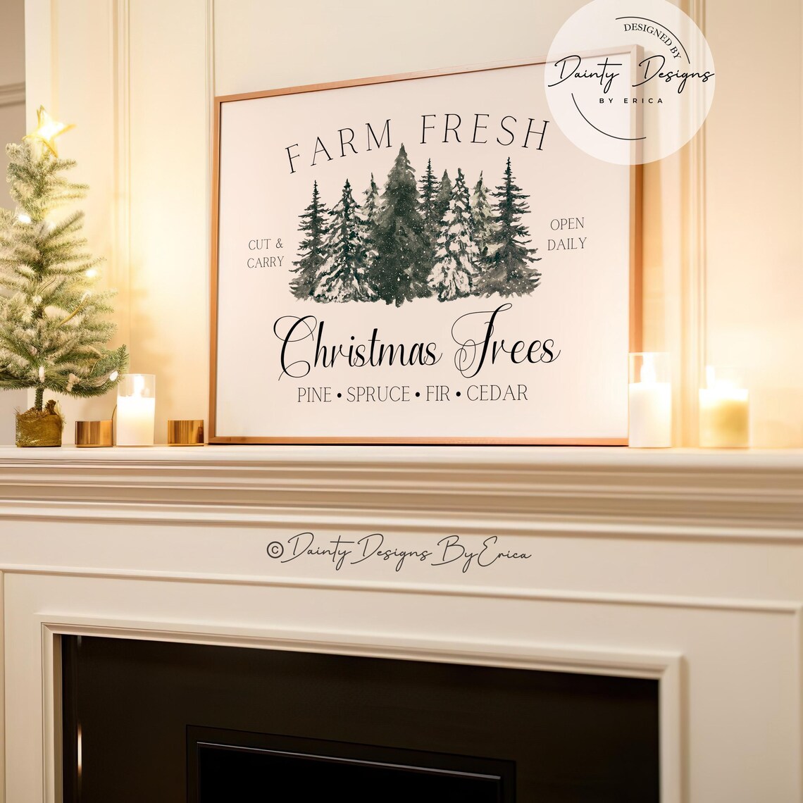 Farm Fresh Christmas Trees Watercolor Sign Poster Farmhouse Decor - Image 2