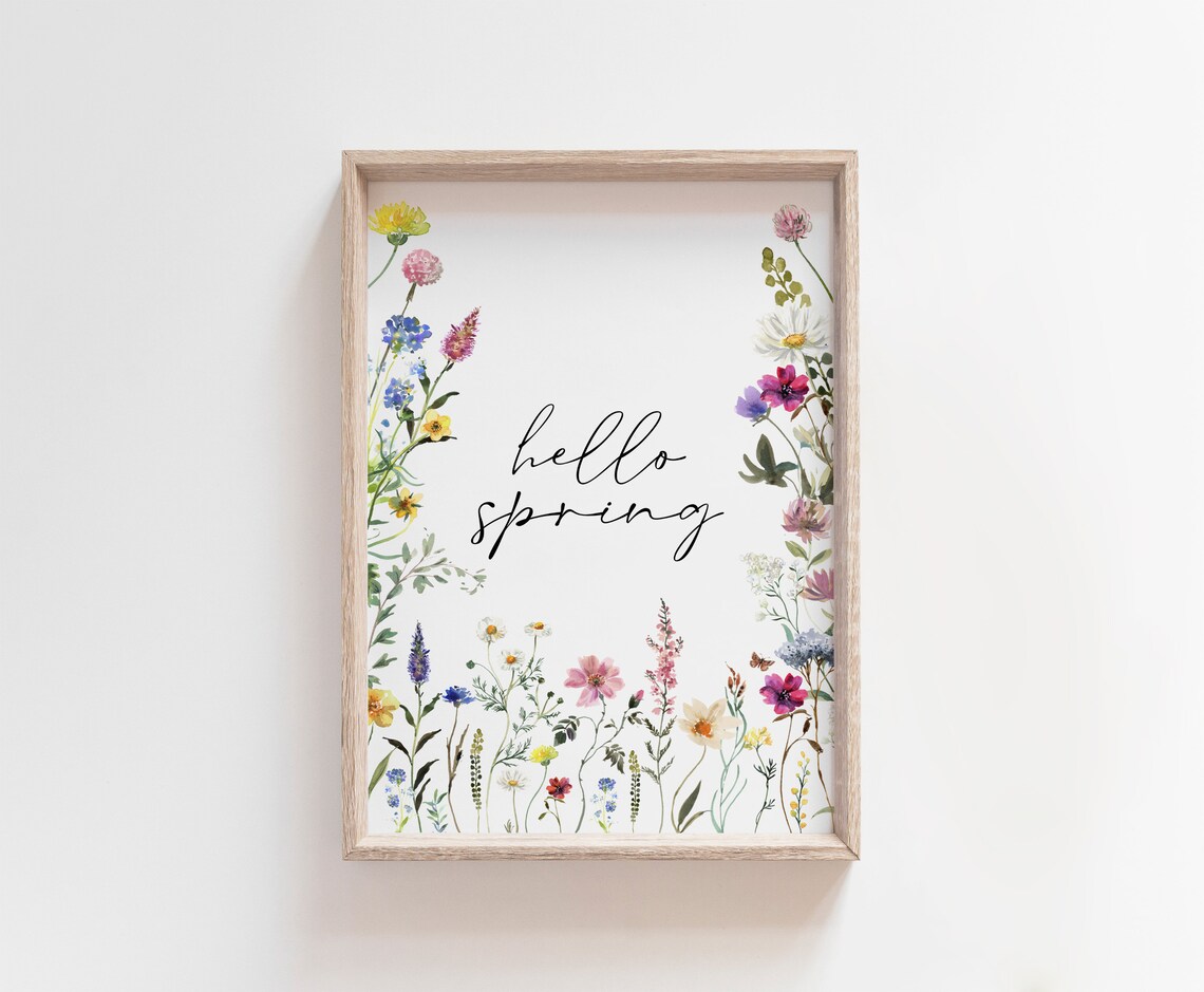 Hello Spring Watercolor Wildflowers Pink Yellow Floral Botanical Poster - Image 3