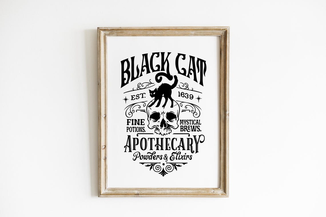 Black Cat Apothecary Skull Est 1639 Potions Vintage Halloween Poster