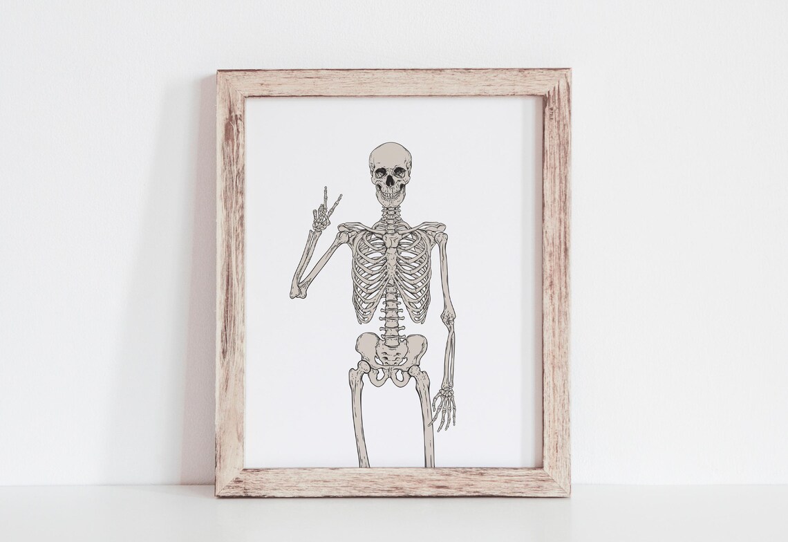 Funny Skeleton Peace Sign Halloween Minimalist White Art Poster - Image 3