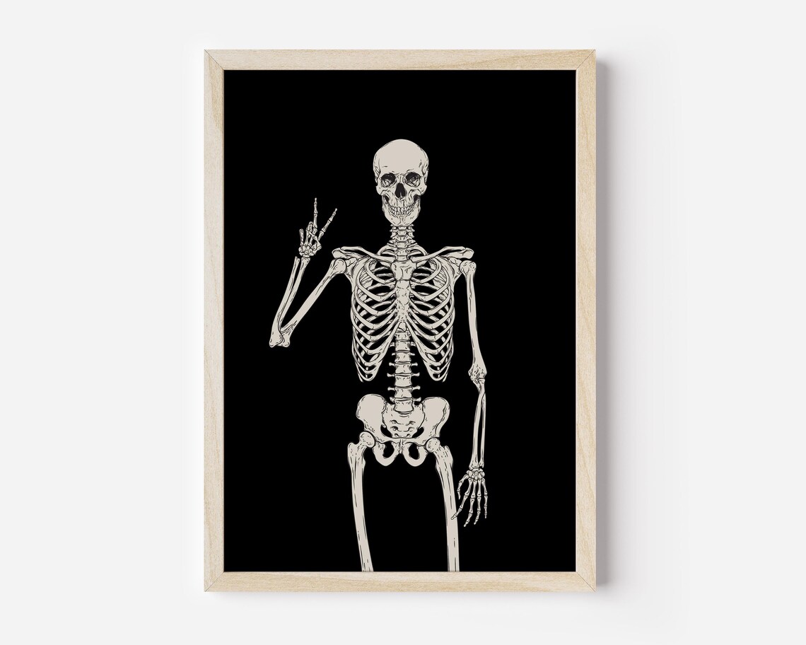 Skeleton Peace Sign Black Background Gothic Halloween Decor Poster - Image 4
