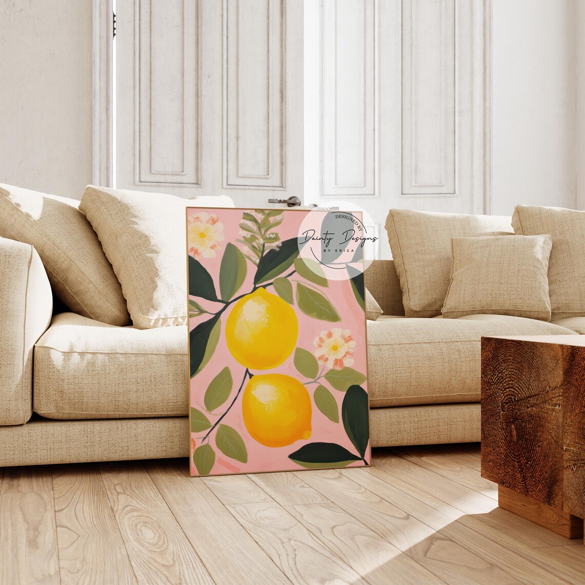 Juicy Lemon Branch Painting on Pink Background Trendy Kitchen Print - Image 3
