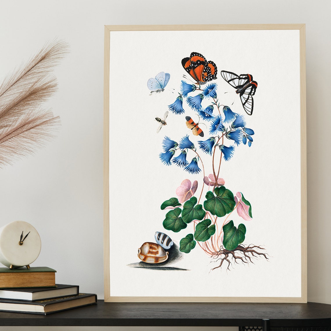 Vintage Botanical Blue Bellflower Butterfly Natural History Art Poster - Image 2