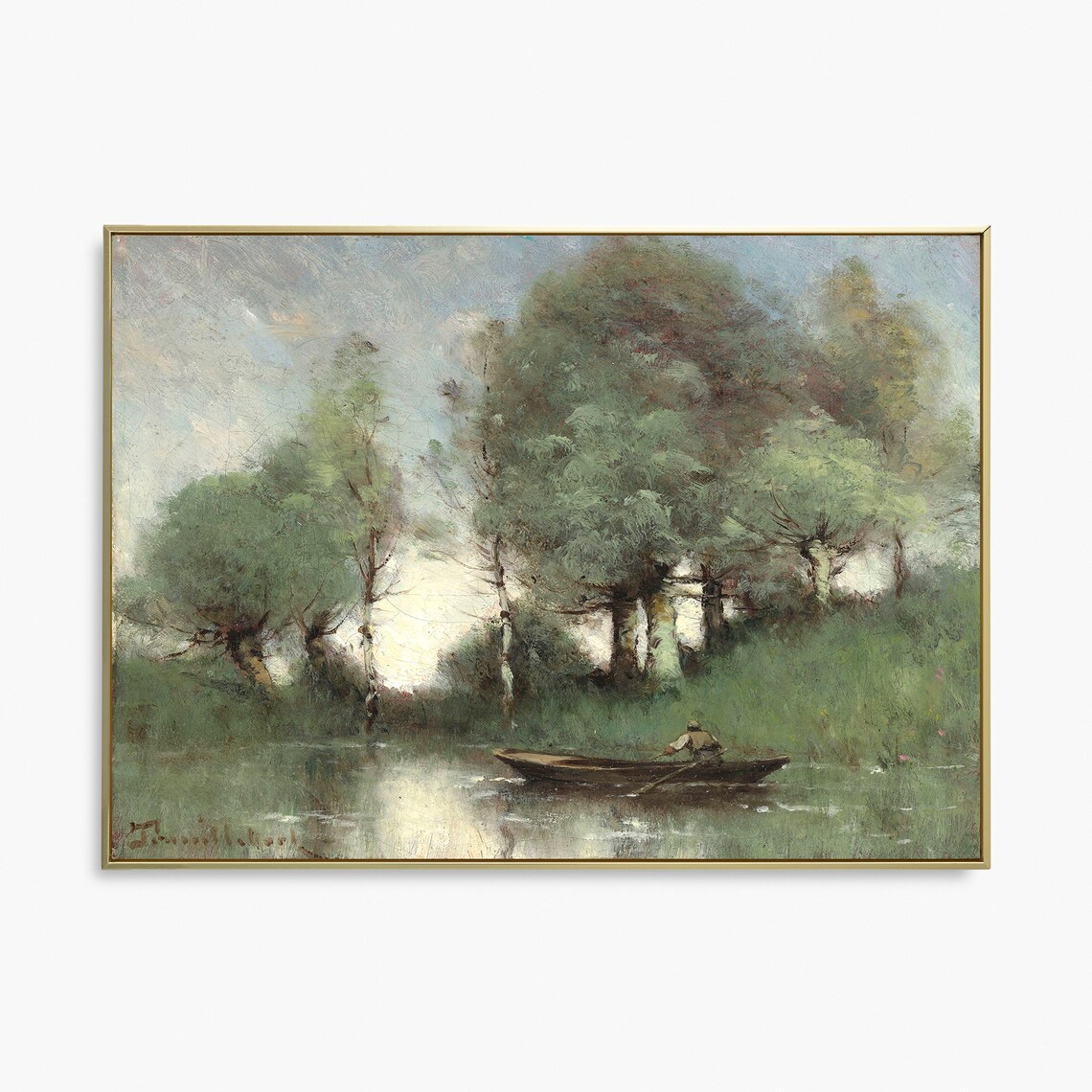 Vintage Oil Painting River Rower Wooden Boat Calm Water Art Poster