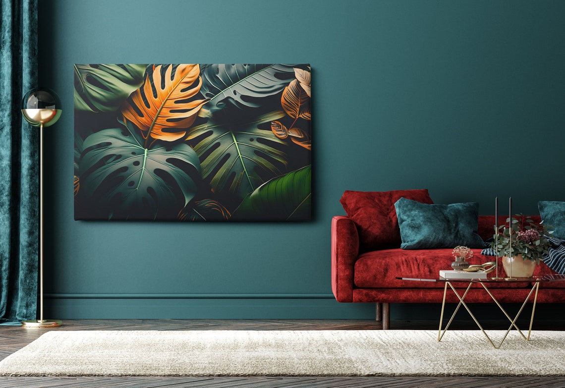 Dark Green Monstera Leaves With Orange Accent Botanical Art Poster - Image 2