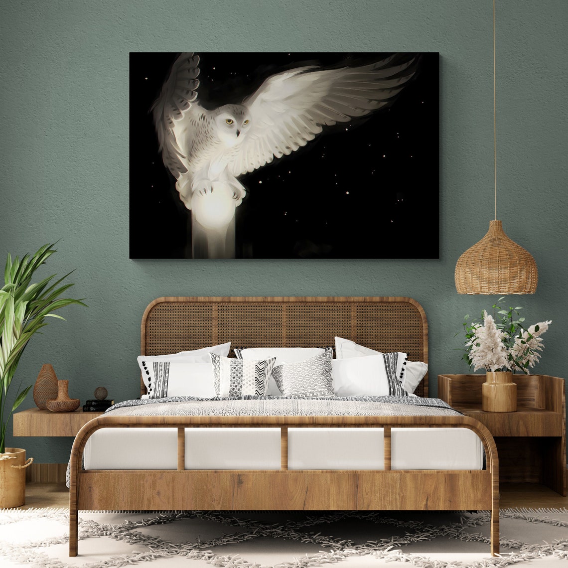 White Snowy Owl In Flight Wings Spread Against Starry Night Sky Art - Image 2