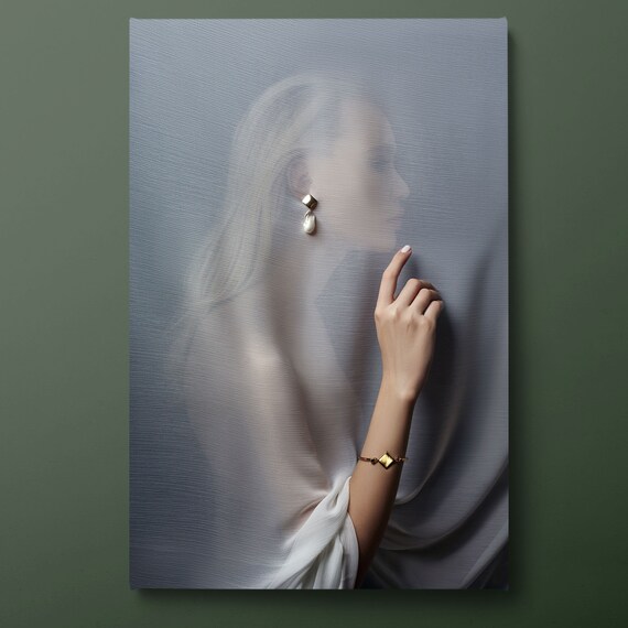Woman With Pearl Earring Behind Curtain Vermeer Inspired Portrait Wall Art