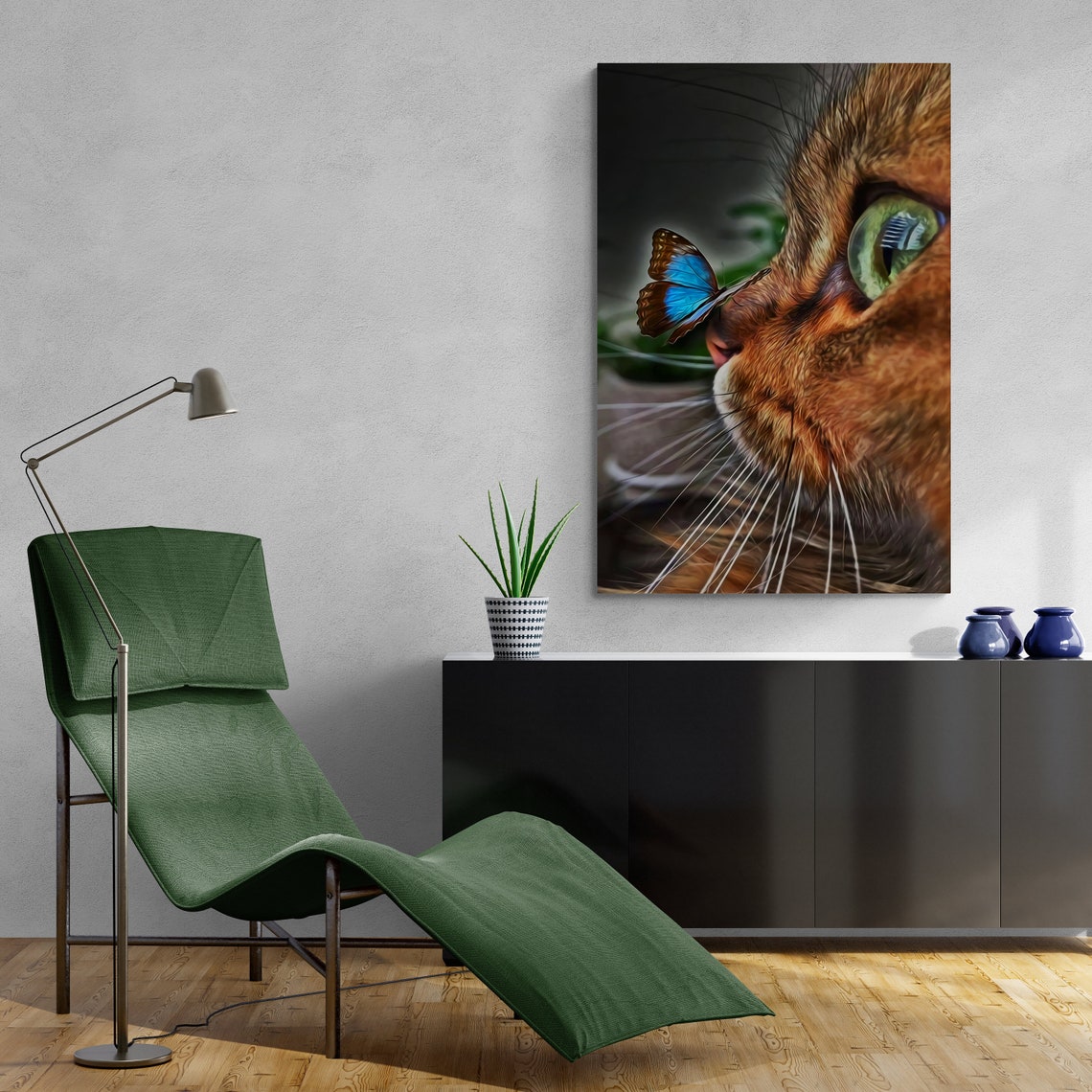 Orange Cat With Blue Butterfly On Nose Green Eyes Animal Portrait Art - Image 2
