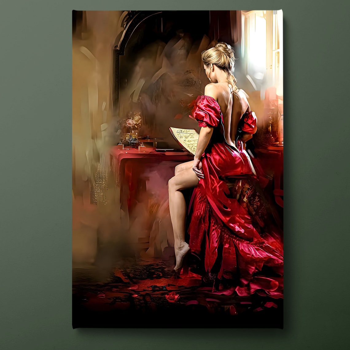 Romantic Woman In Red Dress Reading Letter Candlelit Vintage Poster