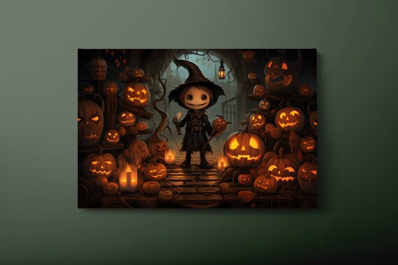Cute Halloween Girl With Glowing Pumpkins Spooky Night Scene Wall Art