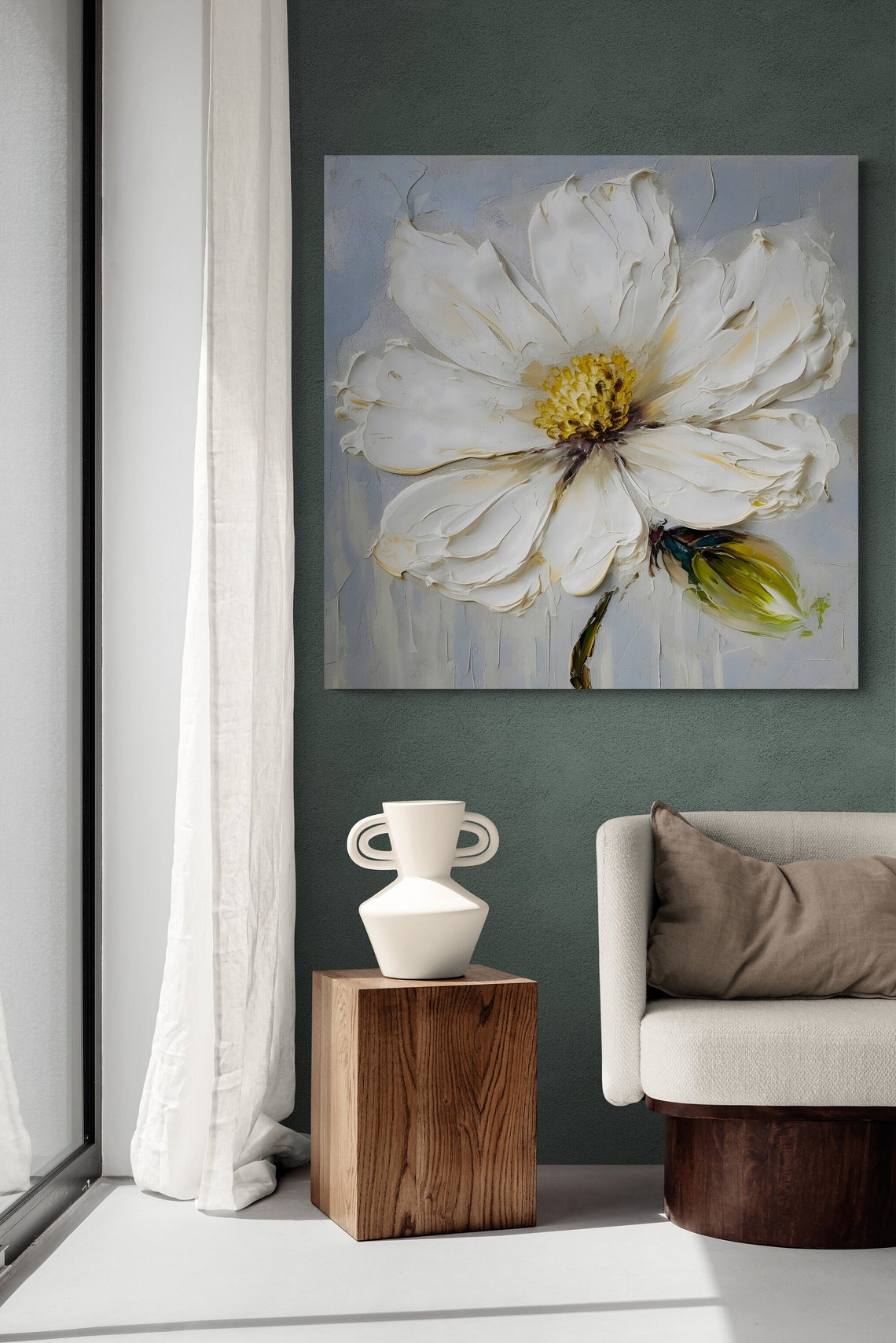 White Daisy Bloom Blue Gray Background Textured Floral Wall Poster - Image 2