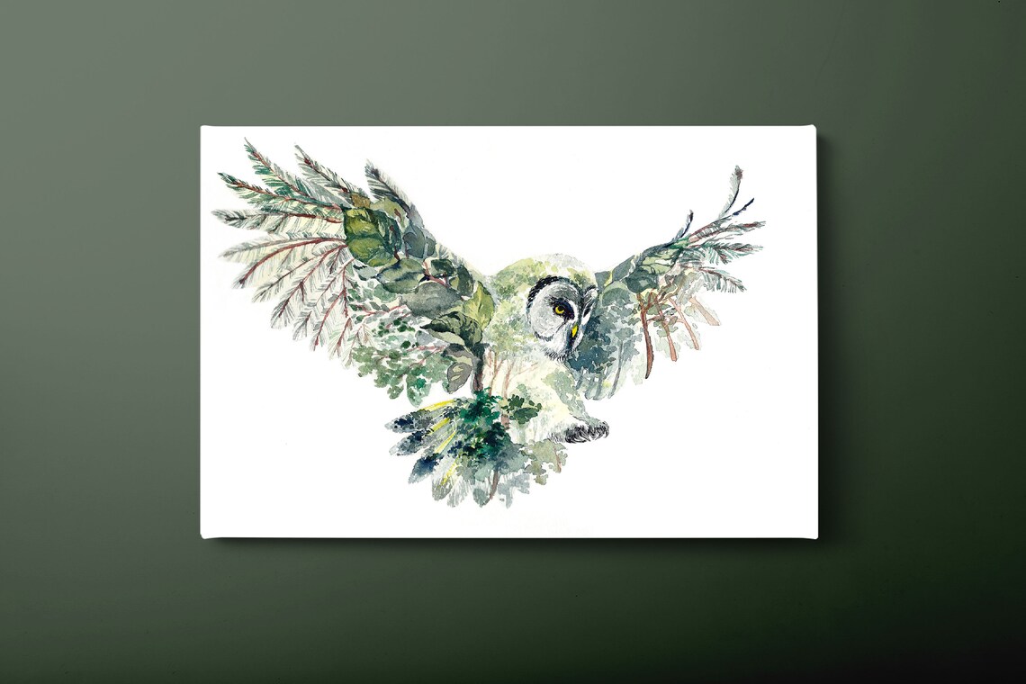 Owl Animal Art Print, Green and White Painting