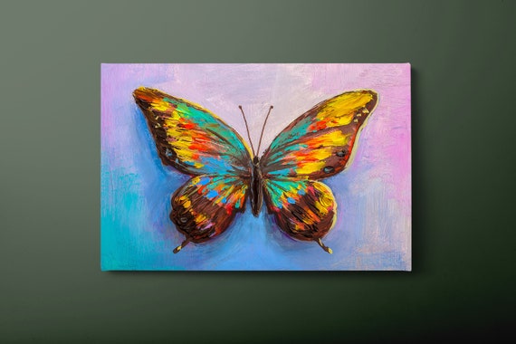 Colorful Butterfly Wall Art Animal Print Pink Blue Green Yellow Painting Ready To Hang