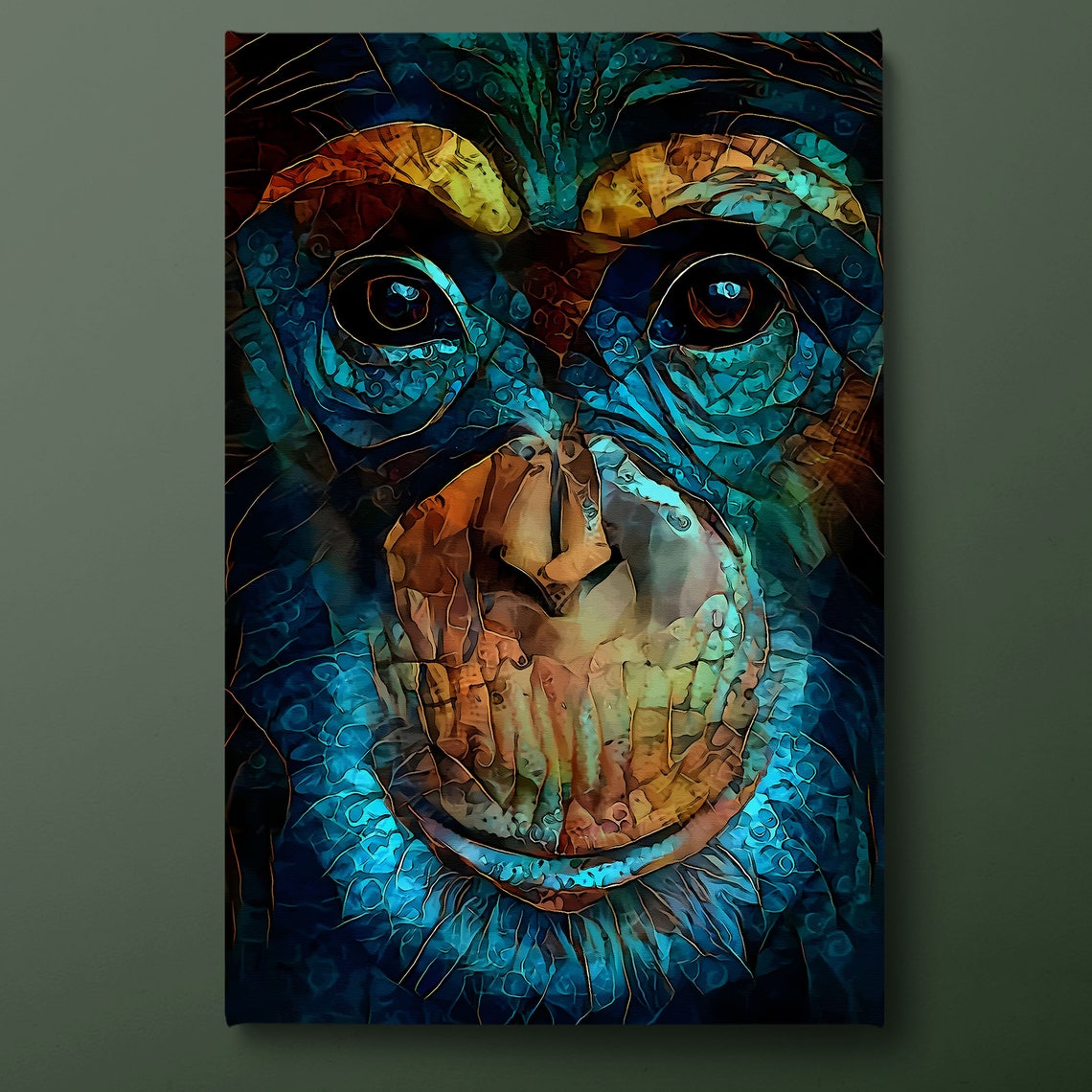 Blue Mosaic Monkey Face Stained Glass Animal Portrait Art Poster
