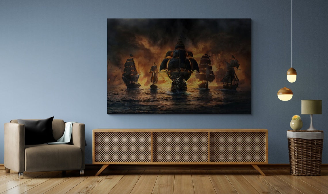 Epic Tall Ships Naval Battle Fiery Sunset Sea Ocean War Art Poster - Image 2