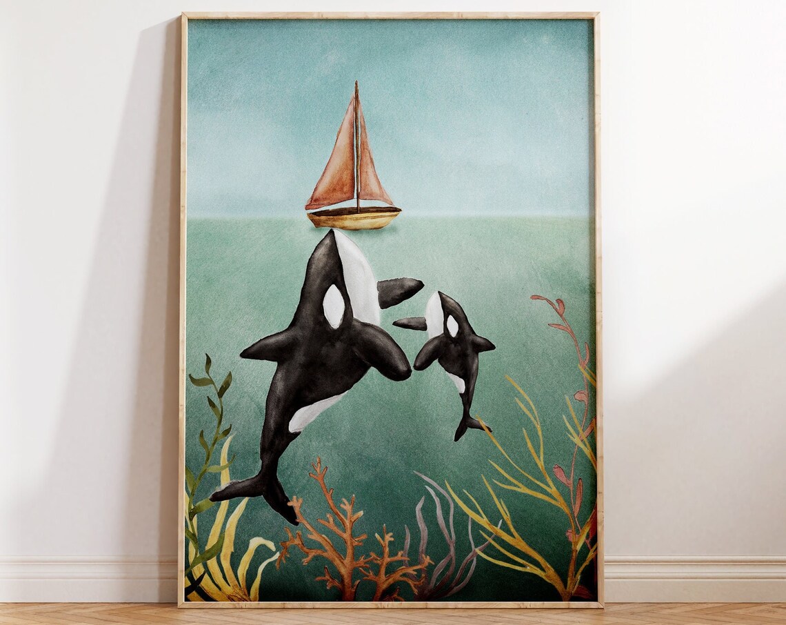 Whale Watercolor Print, Ocean Themed Nursery Art