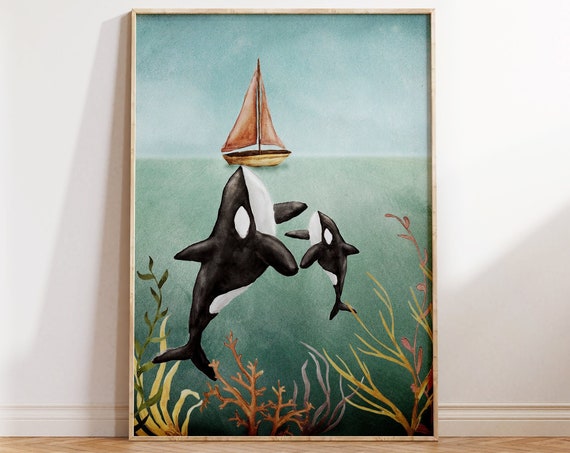 Whale Watercolor Print, Ocean Themed Nursery Art