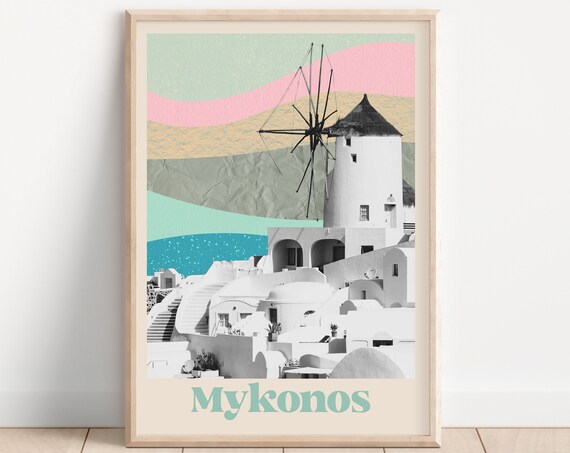 Mykonos Greece Windmill Boho Pastel Retro Summer Travel Poster