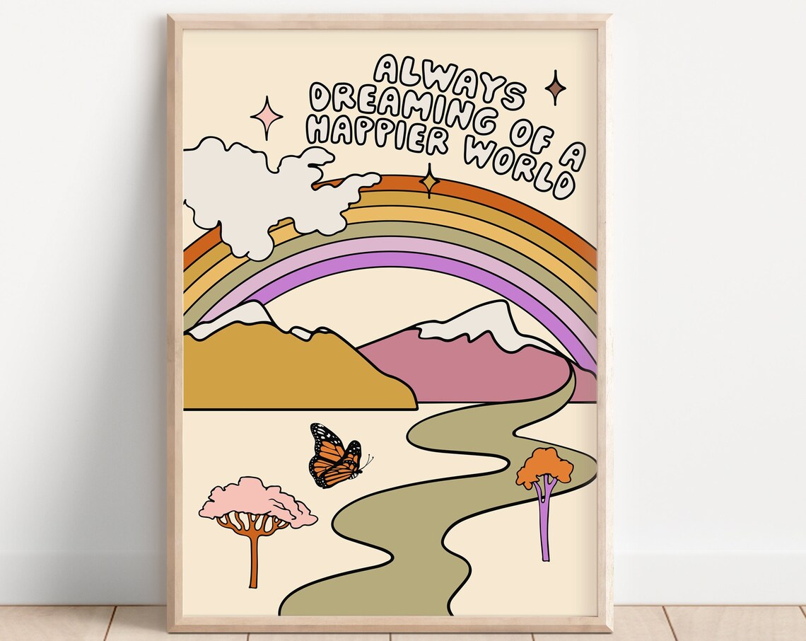 Always Dreaming Of A Happier World Retro Rainbow Landscape Art Poster