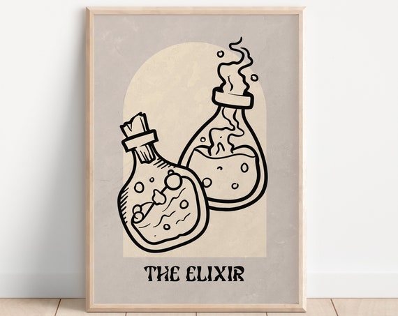 The Elixir Tarot Card Style Print Bohemian Mystical Poster Spiritual Art Celestial Sun Moon Decor Occult Astrology Art Magic Potion