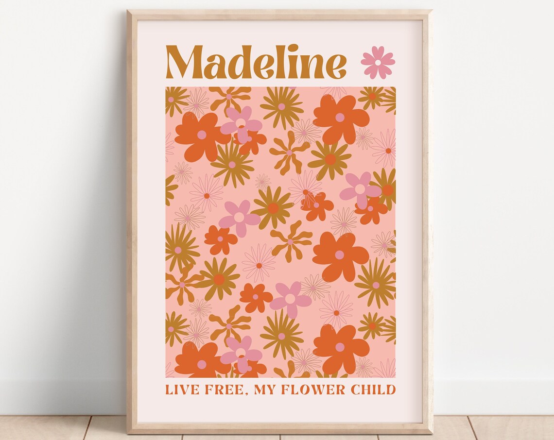 Retro Flowers Personalised Art Print, Floral Nursery