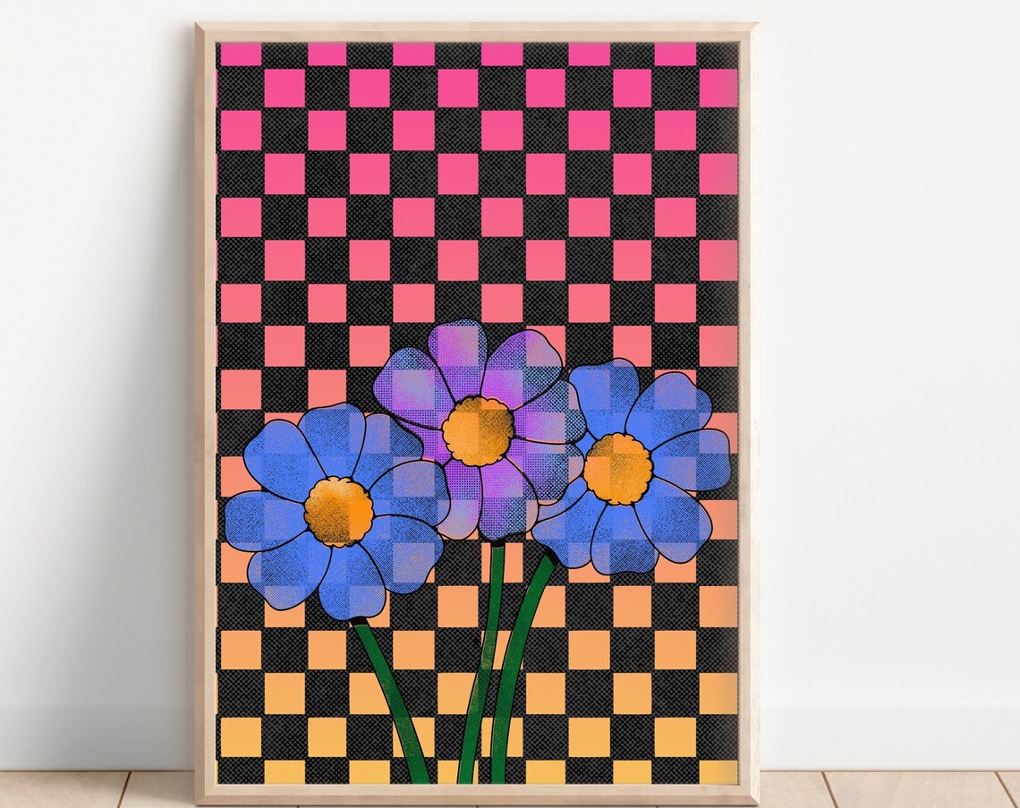 Retro Flower Checkerboard Art Print, Groovy Floral