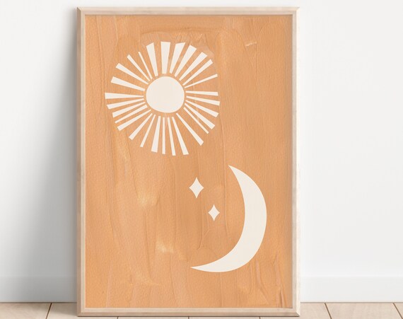 Peach Boho Sun And Moon Art Print, Celestial Decor