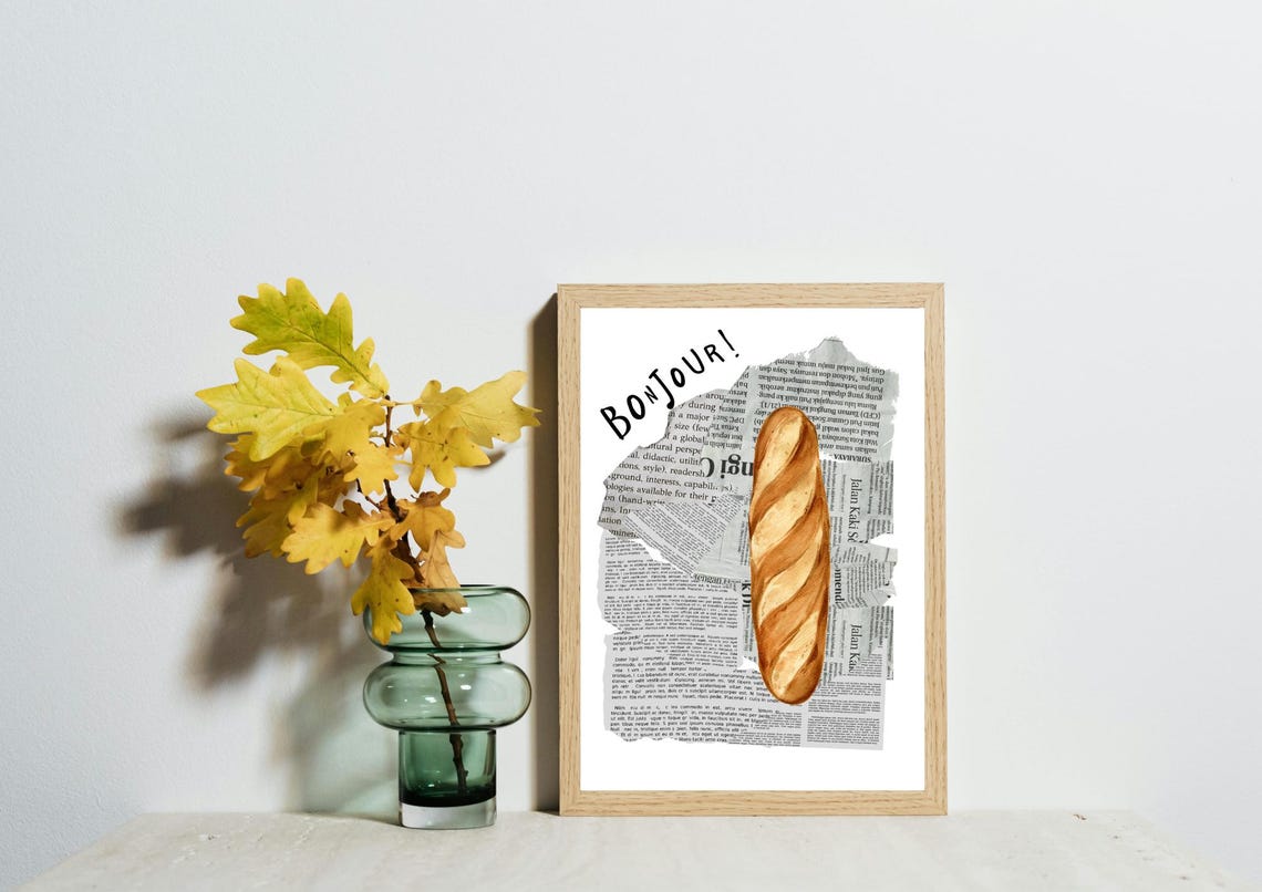Bonjour French Baguette On Torn Vintage Newspaper Kitchen Poster - Image 2