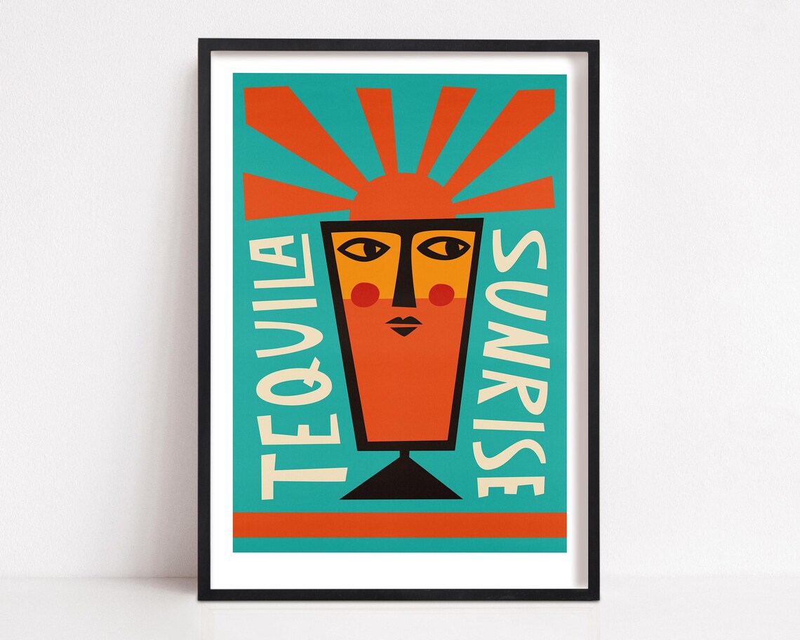 Tequila Sunrise Cocktail Print For Kitchen Or Dining Room Retro Vintage Sunburst Art Mid Century Graphic Design Poster