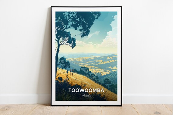 Toowoomba Australia Hikers on Golden Hillside Above Rolling Hills Poster