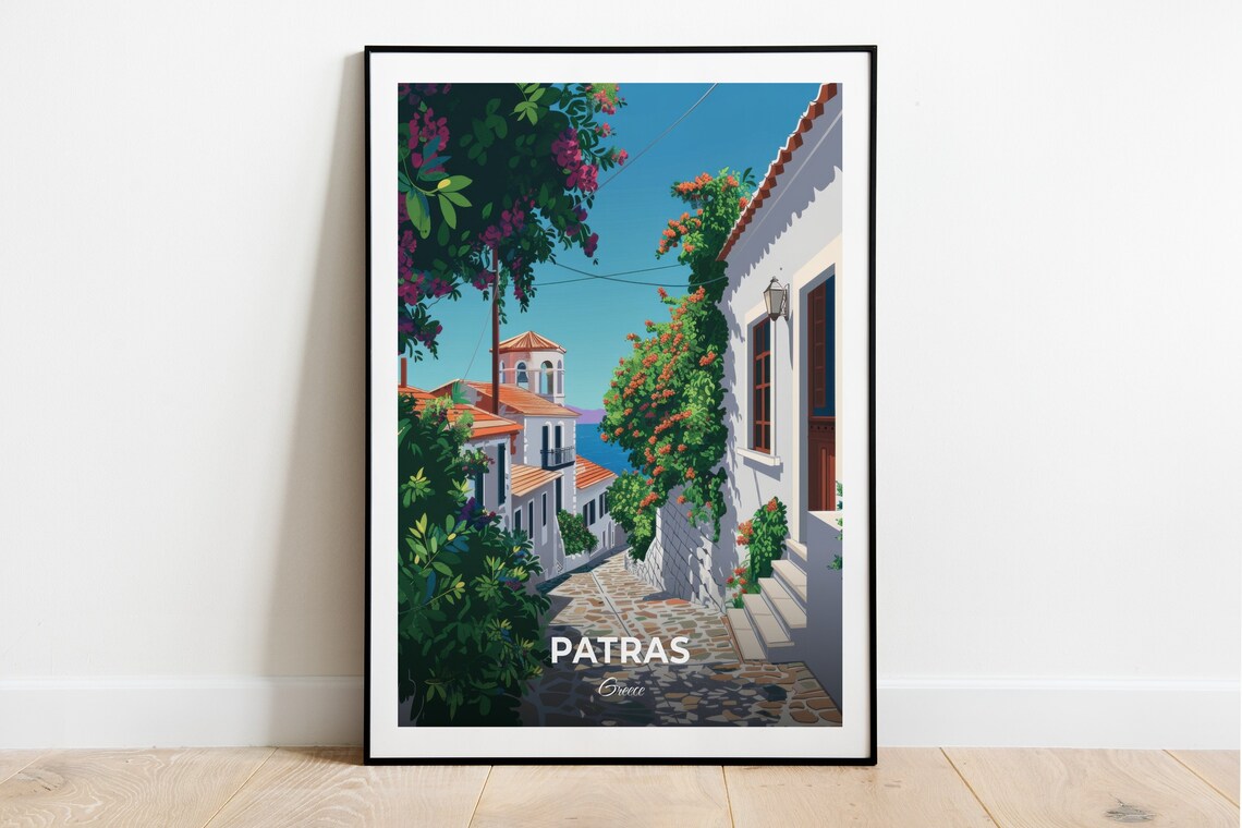 Patras Greece Whitewashed Alley with Bougainvillea Flowers Poster