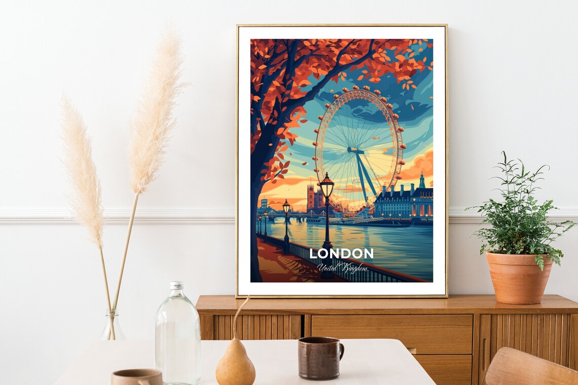 London Eye Sunset Autumn Riverside Cityscape Travel Art Poster - Image 2