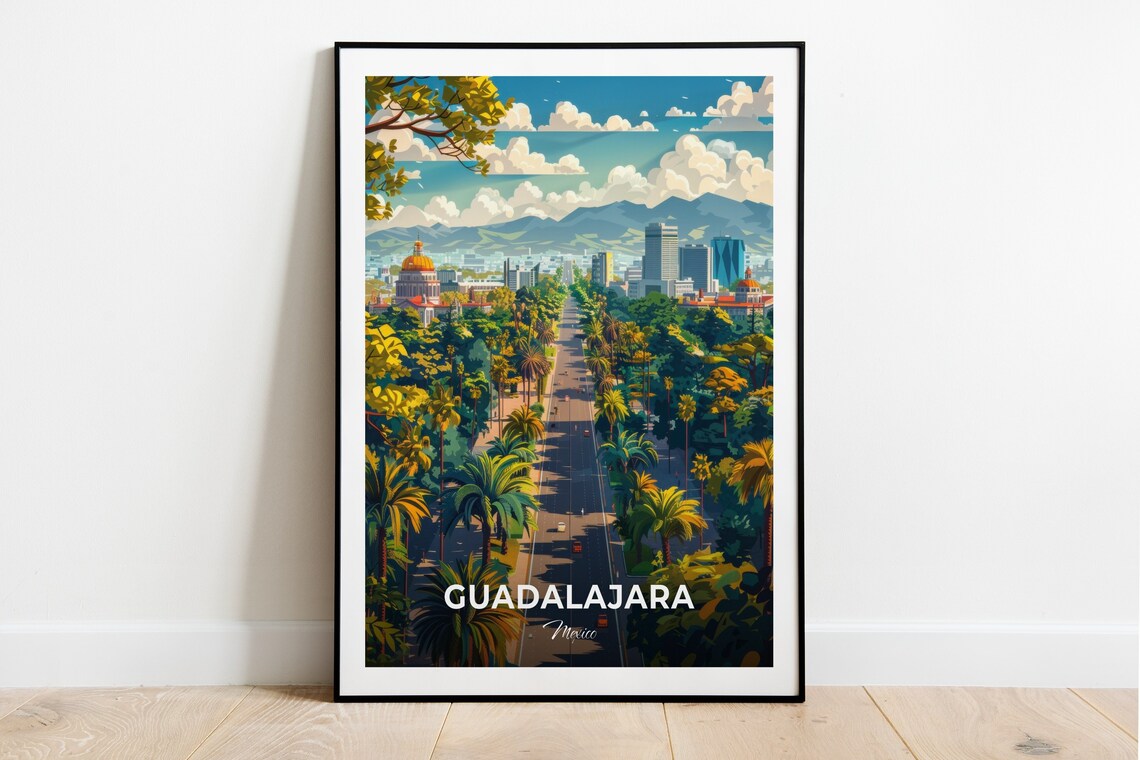 Guadalajara Mexico City Skyline Park Avenue Travel Poster Palm Art