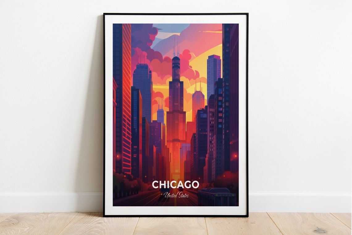 Chicago Downtown Skyline Willis Tower Sunset Vibrant Travel Poster