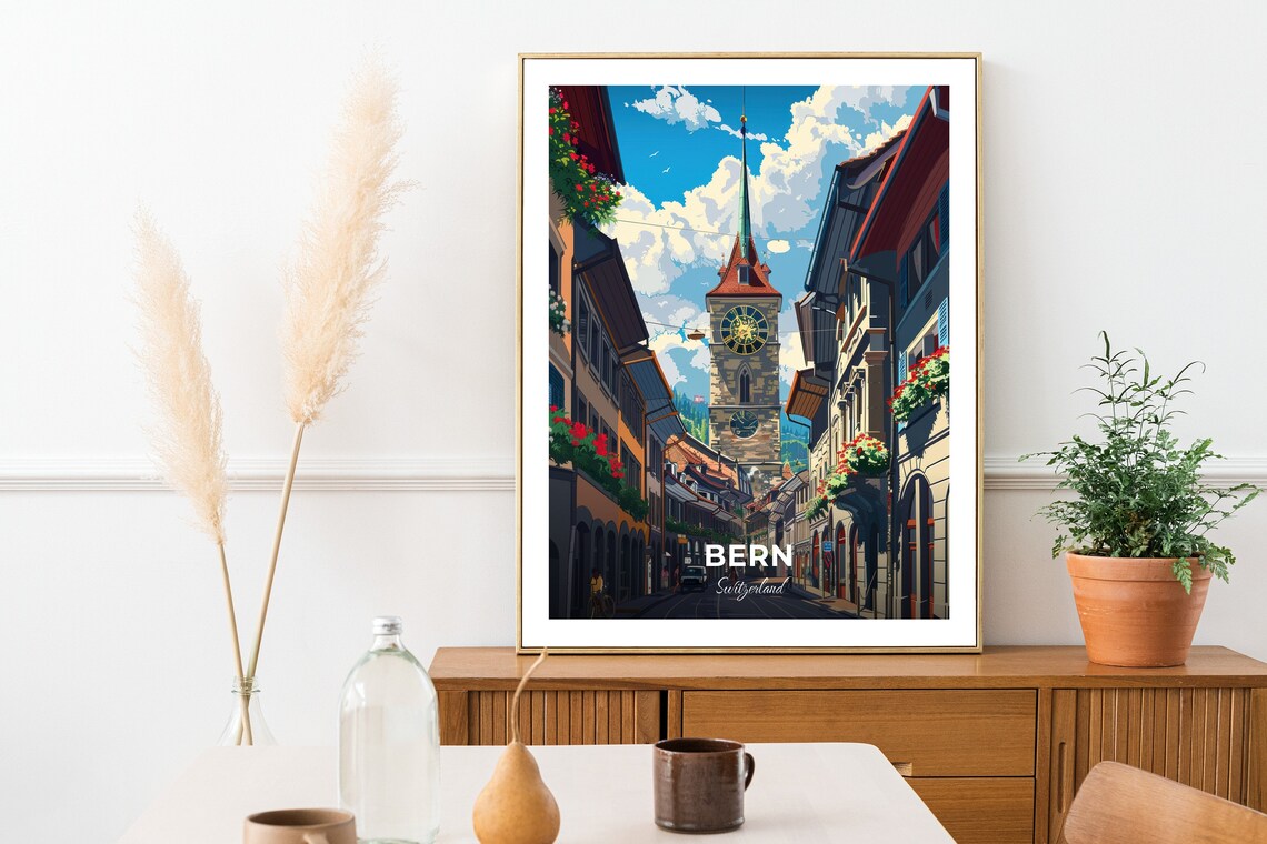 Bern Switzerland Old Town Clock Tower Flower Balconies Travel Poster - Image 2