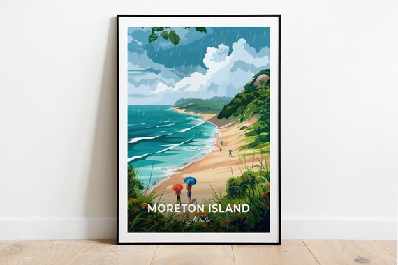Moreton Island Australia Rainy Beach Walk With Umbrellas Travel Poster
